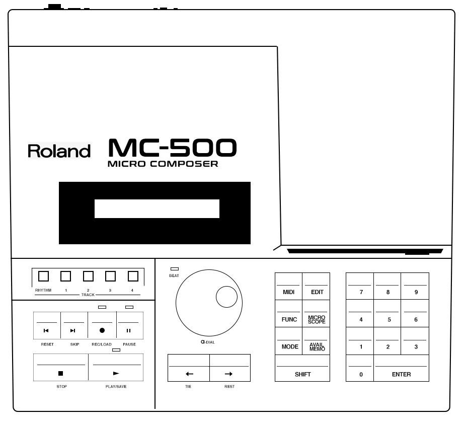 A line drawing of the Roland MC-500 sequencer A line drawing of the Roland MC-500 sequencer